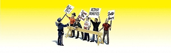 Scenic Accents(R) Figures -- Picket Line - 5 Workers Protesting Behind Barricade with 1 Police Of, N, Woodland Scenics 2197