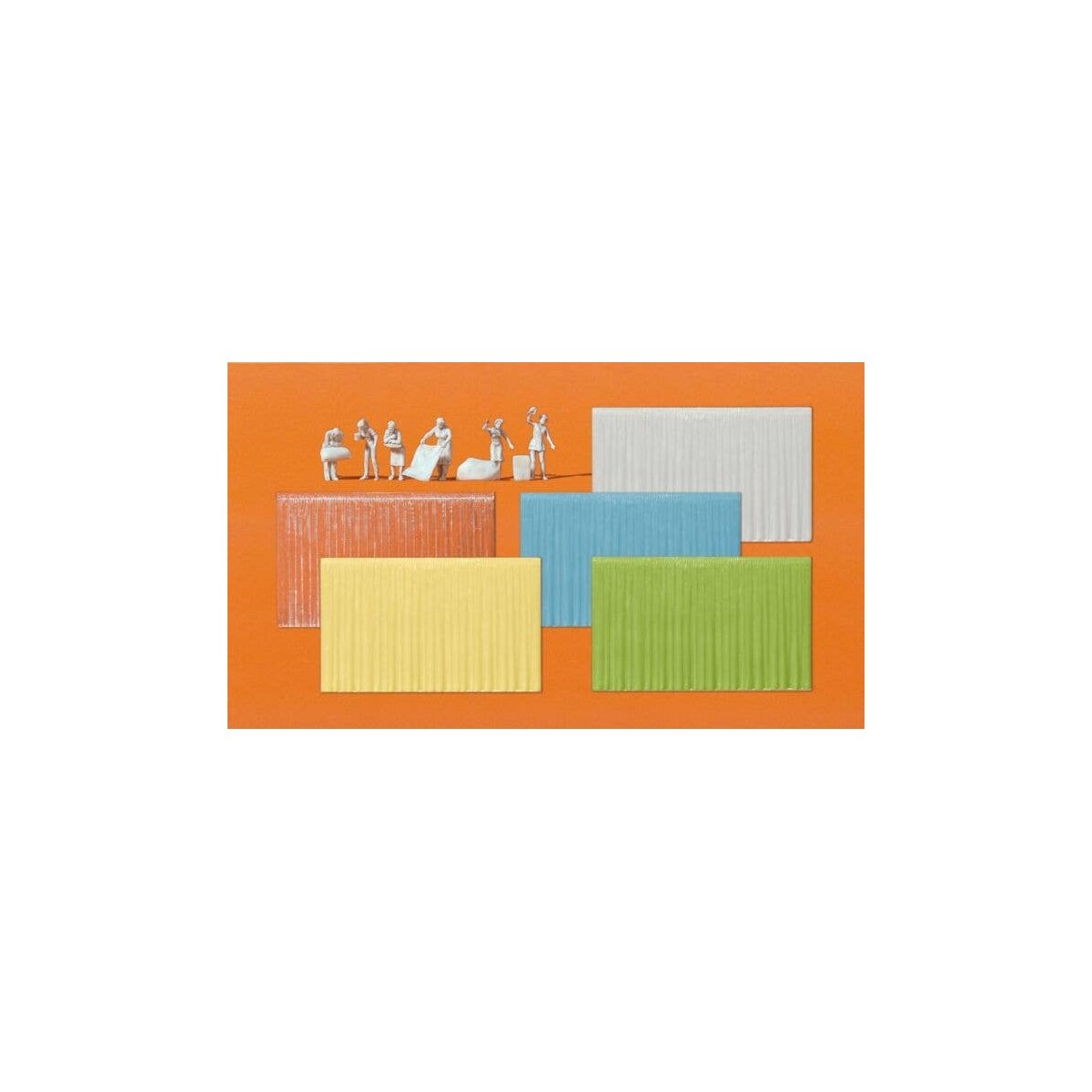 6 Unpainted Figures and 16 Window Curtains -- Curtains: 8 Orange and 2 Each White, Blue, Yellow, Gree, HO, Preiser Kg 16360