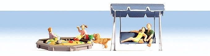 Parents & Children w/Accessories -- 4 People, 1 Dog, Sandbox, Swing Seat, HO, Noch Gmbh & Co 15590