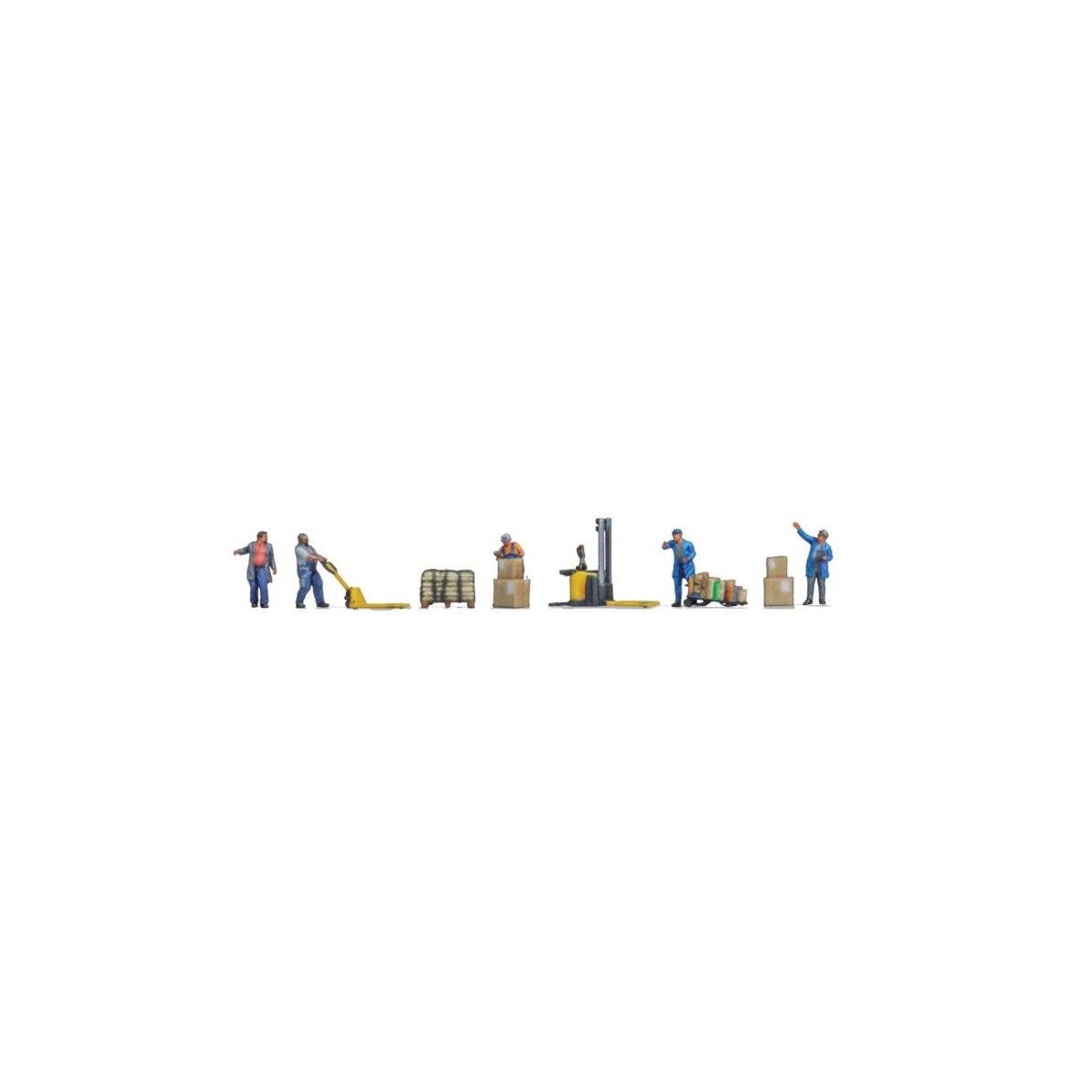 Warehouse Workers - Color 3D Print -- 5 Figures, Forklift, Pallet Jack, Cart, Crates, Loaded Palle, N, Noch Gmbh & Co 35060