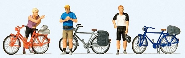 Standing Cyclists in Sportswear w/Bikes -- Set 2 pkg(3), HO, Preiser Kg 10644