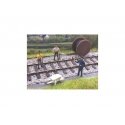 Cable Laying Party -- 3 Workers, Cable Spool, Wheelbarrow, HO, Peco 5078