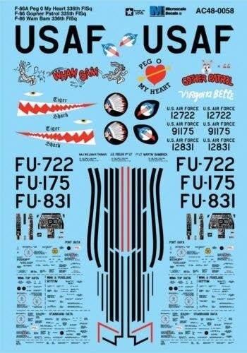 Military Aircraft Decal Set -- F-86A Peg 0 My Heart 336th F-86 Gopher 335th F-86 , 1/48, Microscale Industries Inc AC480058