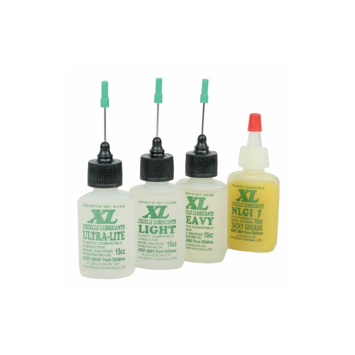 XL Lube Kit for N & Z Scales -- One 1/2oz 14.8mL Bottle Each: Ultra-Lite, Light, Heavy & NLGI Grease 1, ALL, Excelle Lubricants 