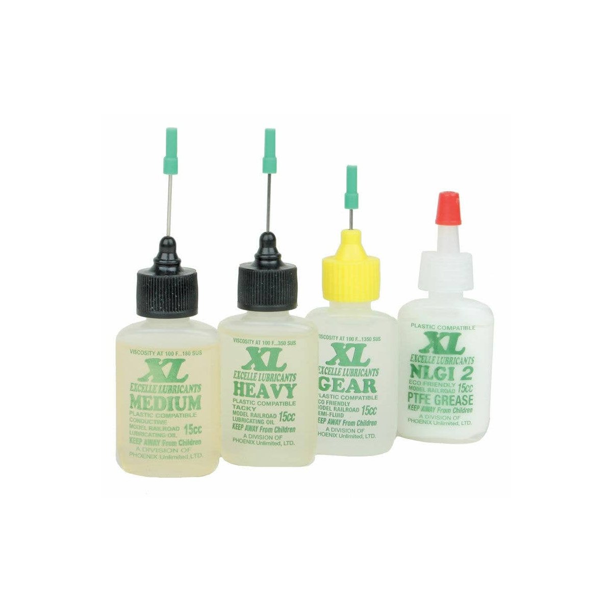 XL Lube Kit for O & G Scales -- One 1/2oz 15ml Bottle Each: Medium, Heavy, Gear & NLGI Grease 2, ALL, Excelle Lubricants 9012