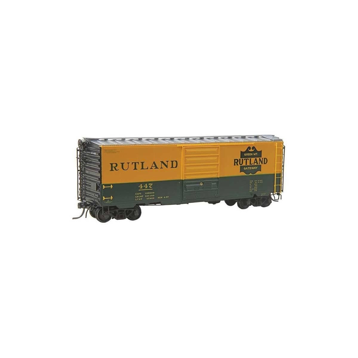 Pullman-Standard PS-1 40` Boxcar w/8` Door - Ready to Run -- Rutland 447 (yellow, green), HO, Kadee Quality Products 5318