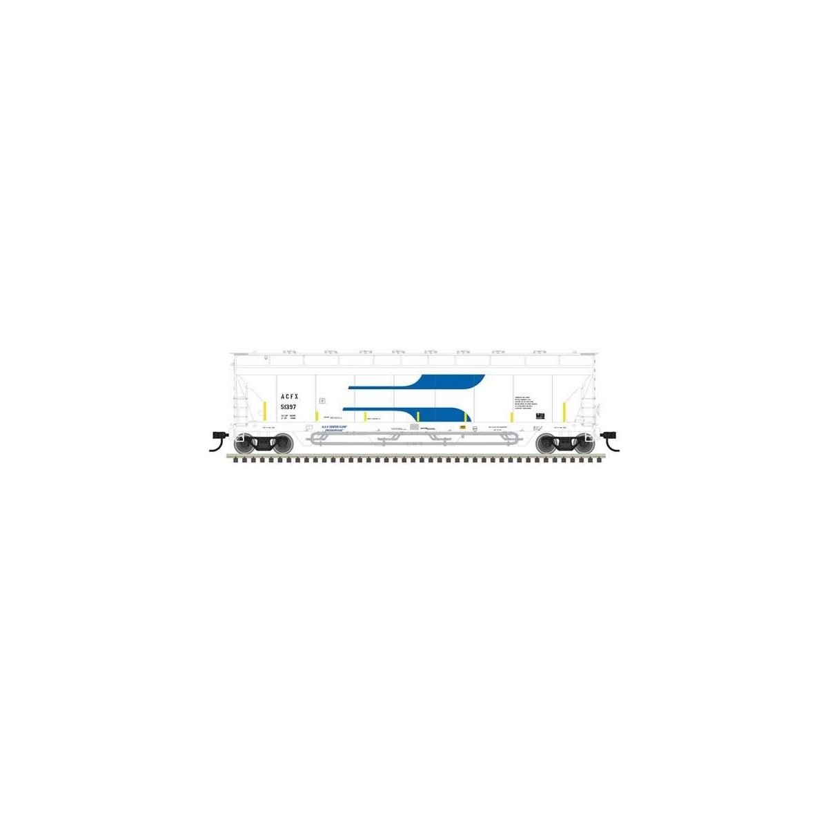 Pressureaide Centerflow Covered Hopper - Ready to Run - Master(R) -- ACFX 51405 (Venturi, white, blue, yellow conspicuity stripe
