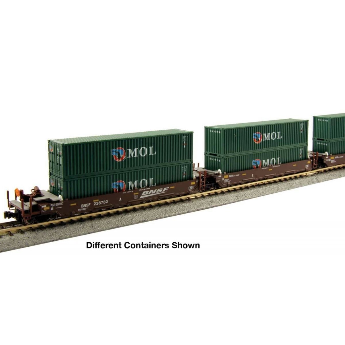 Gunderson Maxi-I 5-Unit Container Well Car w/40′ Containers - Ready to Run -- BNSF Railway 239156 (Boxcar Red, Wedge Logo) & C