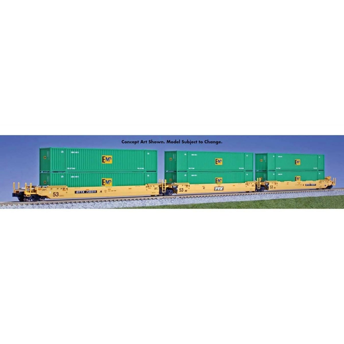 Gunderson MAXI-IV 3-Unit Well Car with 6 53′ Containers - Ready to Run -- TTX DTTX 732256 (yellow, black, white, EMP Container