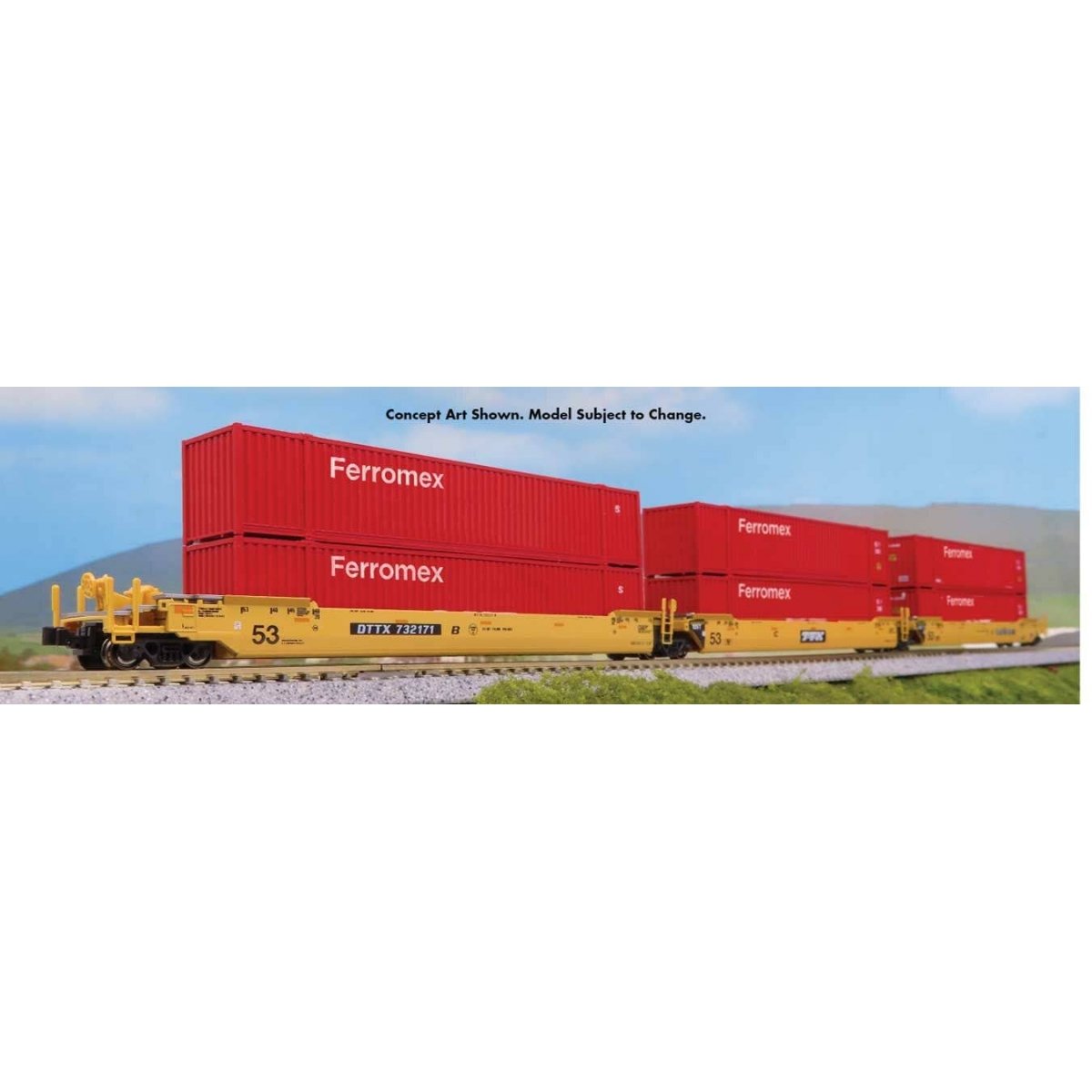 Gunderson MAXI-IV 3-Unit Well Car with 6 53′ Containers - Ready to Run -- TTX DTTX 732335 (yellow, black, white, Ferromex Cont