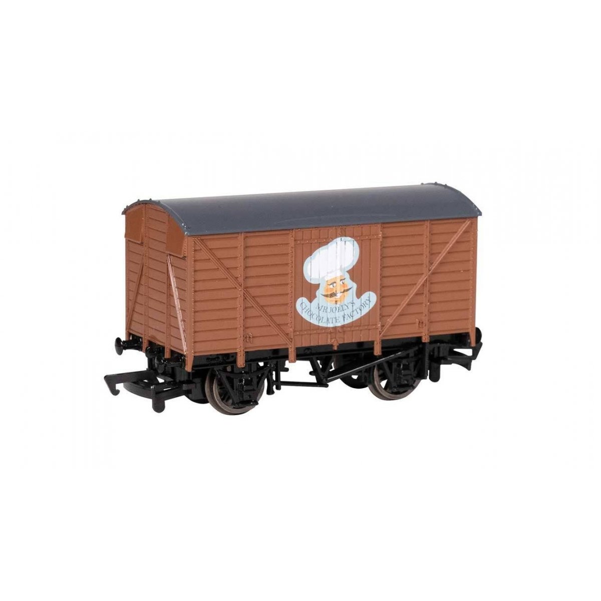 Wood Boxcar (Box Van) - Ready to Run - Thomas & Friends(TM) -- Mr. Jolly′s Chocolate Factory (brown, blue, white), HO, Bachman