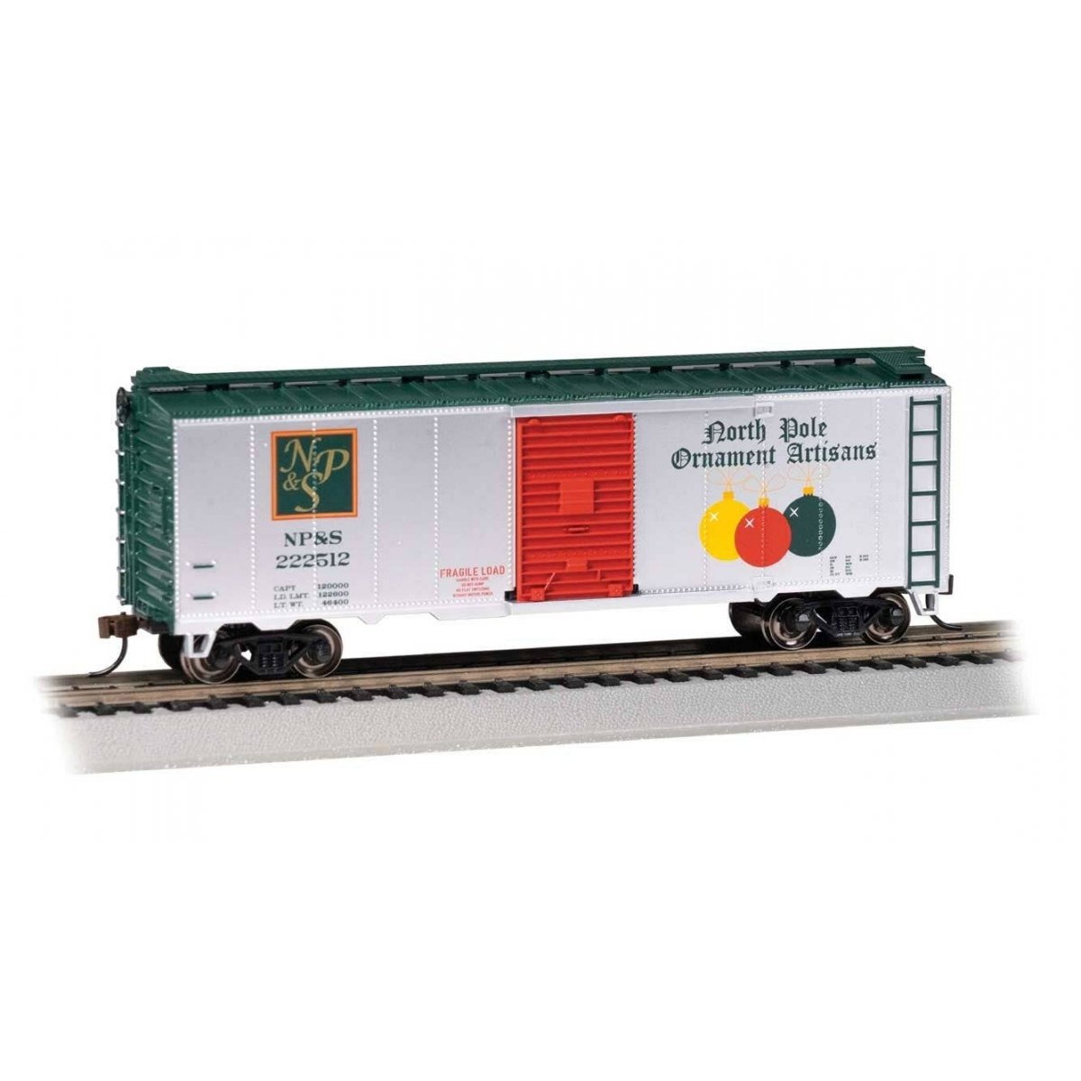 Pullman-Standard PS-1 40′ Steel Boxcar - Ready to Run - Silver Series(R) -- North Pole Ornament Artisans (white, green, red), 