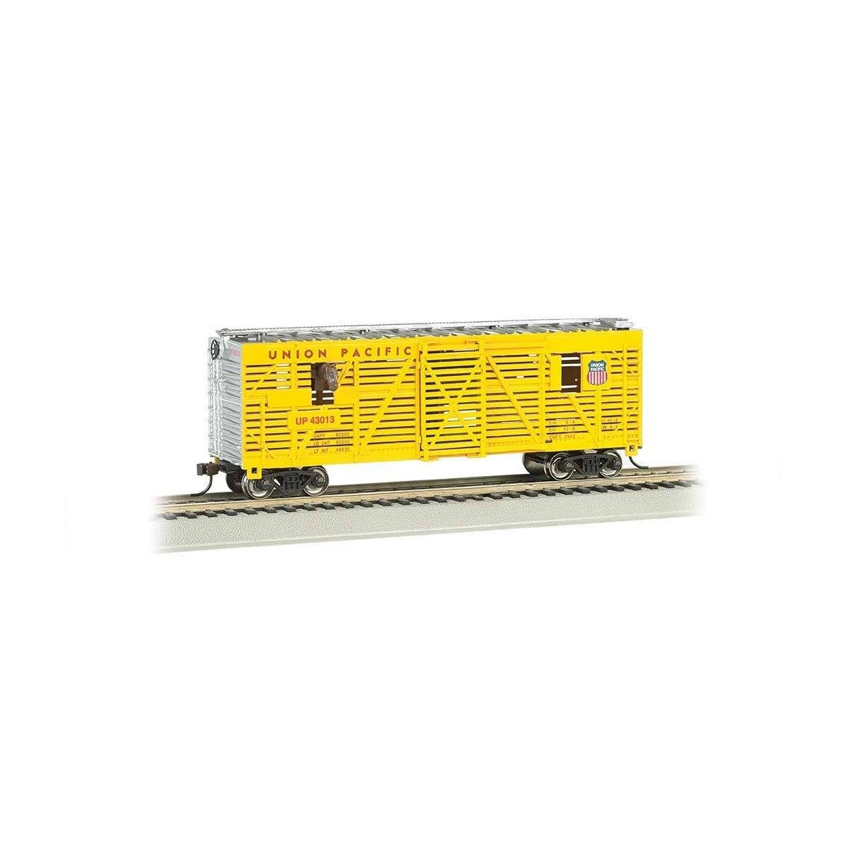 40′ Animated Stock Car with Horses - Ready-to-Run -- Union Pacific 43013 (yellow, silver), HO, Bachmann Industries 19701