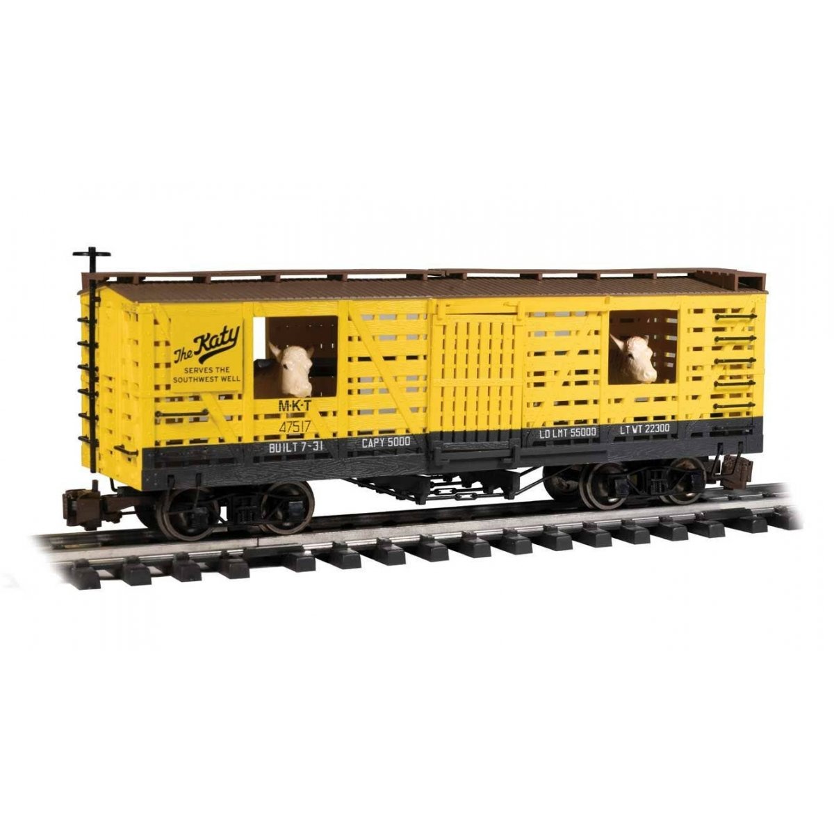 Animated Stock Car with Cattle - Ready to Run -- Missouri-Kansas-Texas (yellow, black), G, Bachmann Industries 98708