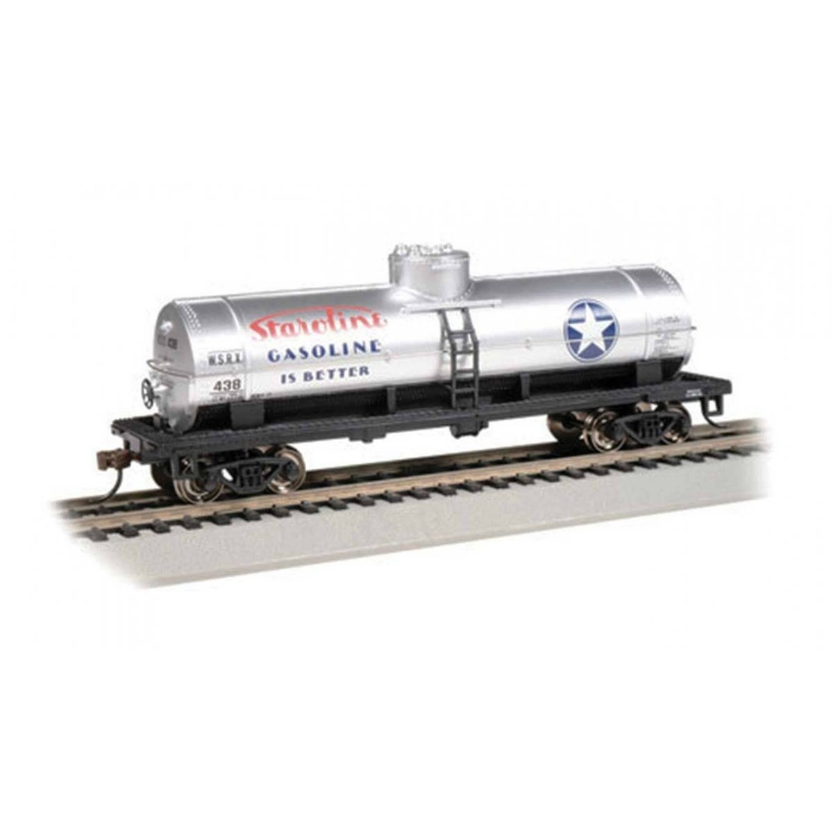 40′ Single-Dome Tank Car - Ready to Run - Silver Series(R) -- Staroline Gasoline 438 (gray, blue, red), HO, Bachmann Industrie