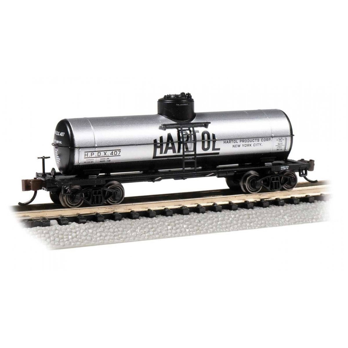 40′ Single-Dome Tank Car - Ready to Run - Silver Series(R) -- Hartol 407 (gray, black), N, Bachmann Industries 17868