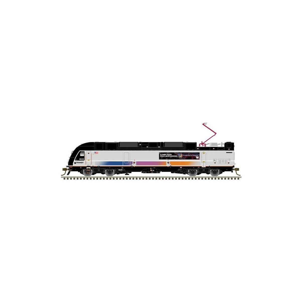Bombardier ALP-45DP Dual Mode - Standard DC - Master(R) Silver -- New Jersey Transit 4533 (silver, black, magenta, orange, First