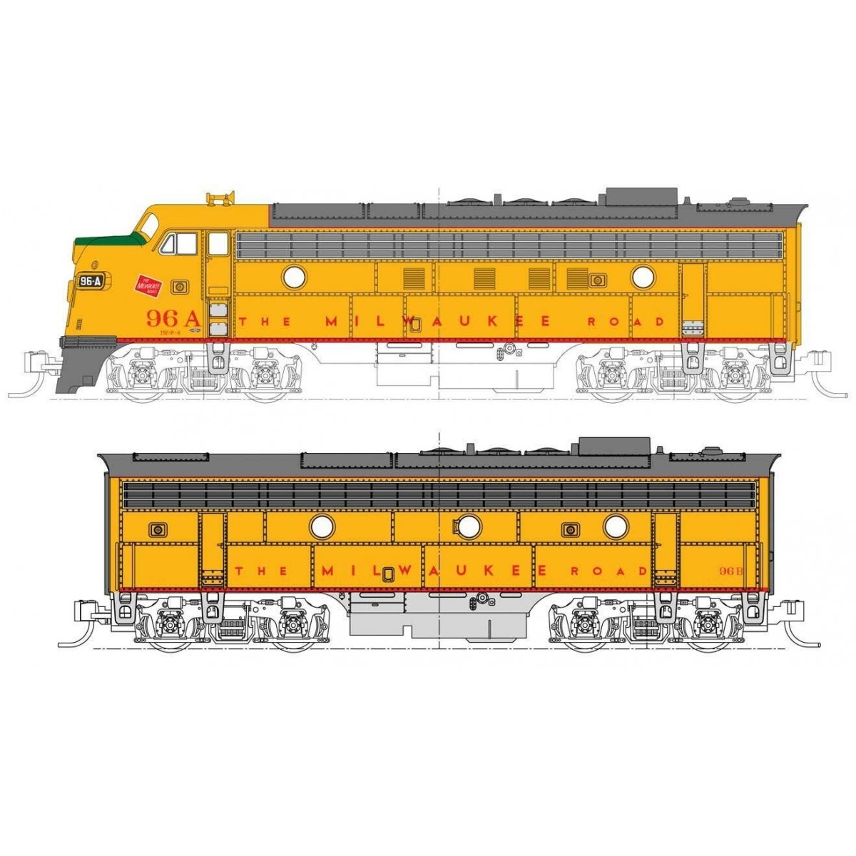 EMD FP7A-F7B Set - Standard DC -- Milwaukee Road 96A, 96B (Post 1955, Armour Yellow, gray, red), N, Kato USA Inc 1060432