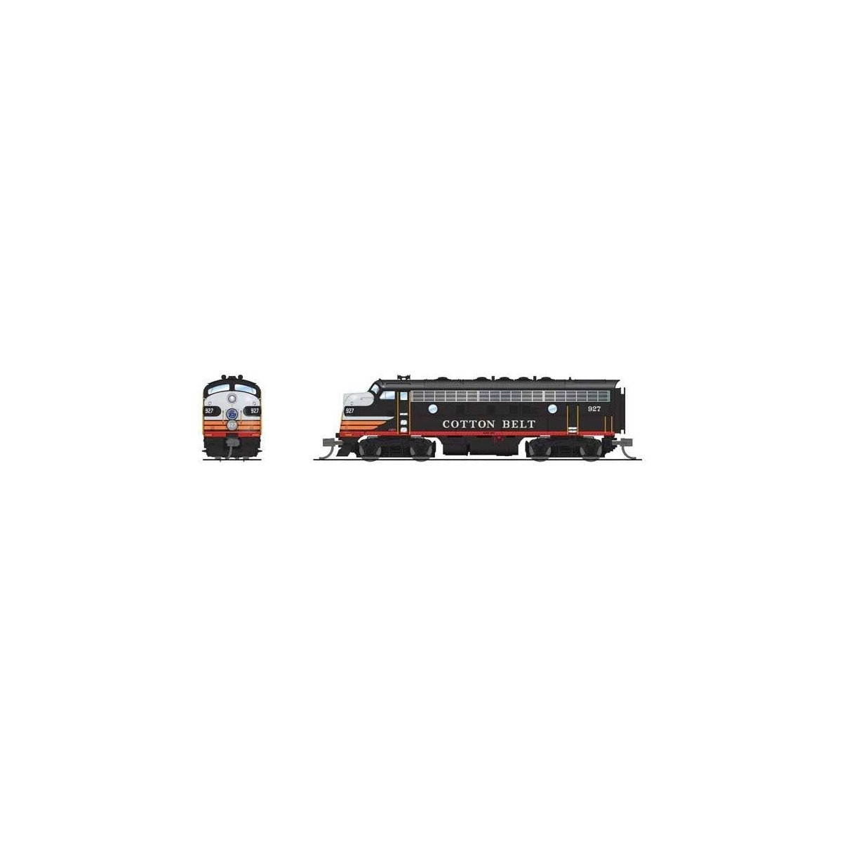 EMD F7 A-Unpowered B Set - Sound and DCC - Paragon4(TM) -- Cotton Belt SSW 927, 928 (Black Widow, black, silver, orange, red), N