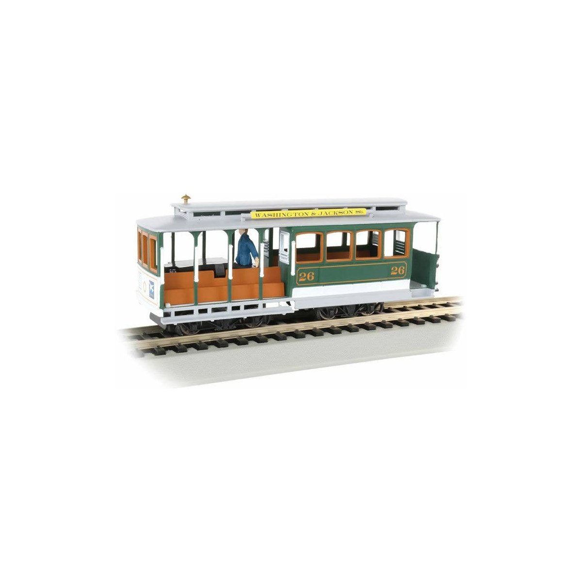 Cable Car with Grip Man - Standard DC -- Washington & Jackson Streets 26 (green, gray), HO, Bachmann Industries 60536