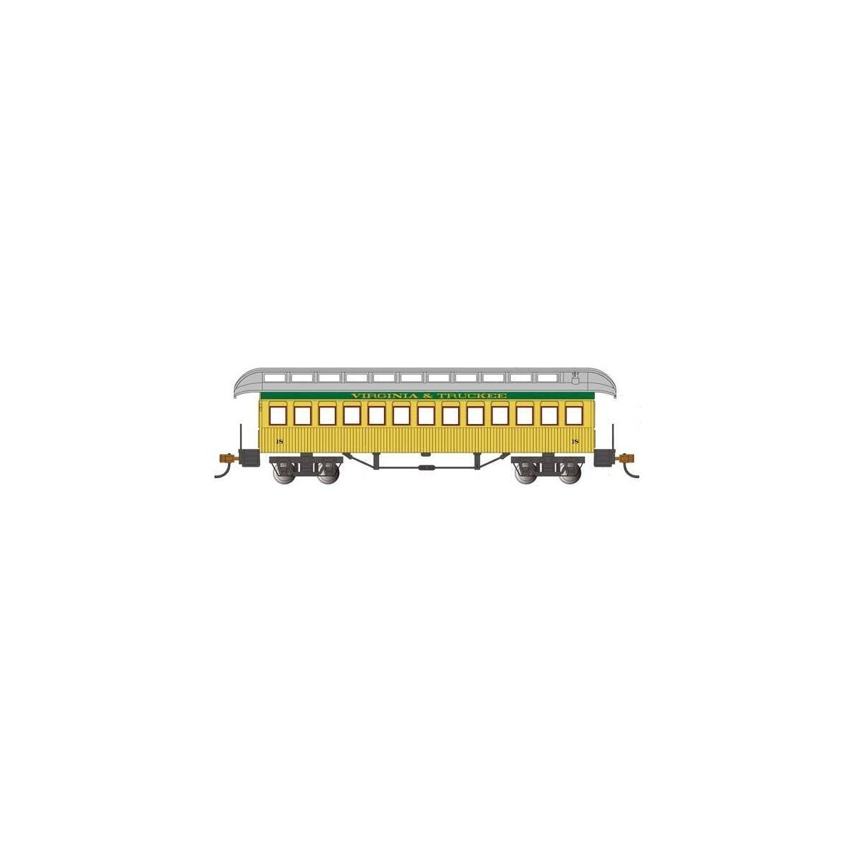 Old Time Wood Coach with Round-End Clerestory Roof - Ready to Run -- Virginia & Truckee (yellow, green), HO, Bachmann Industries
