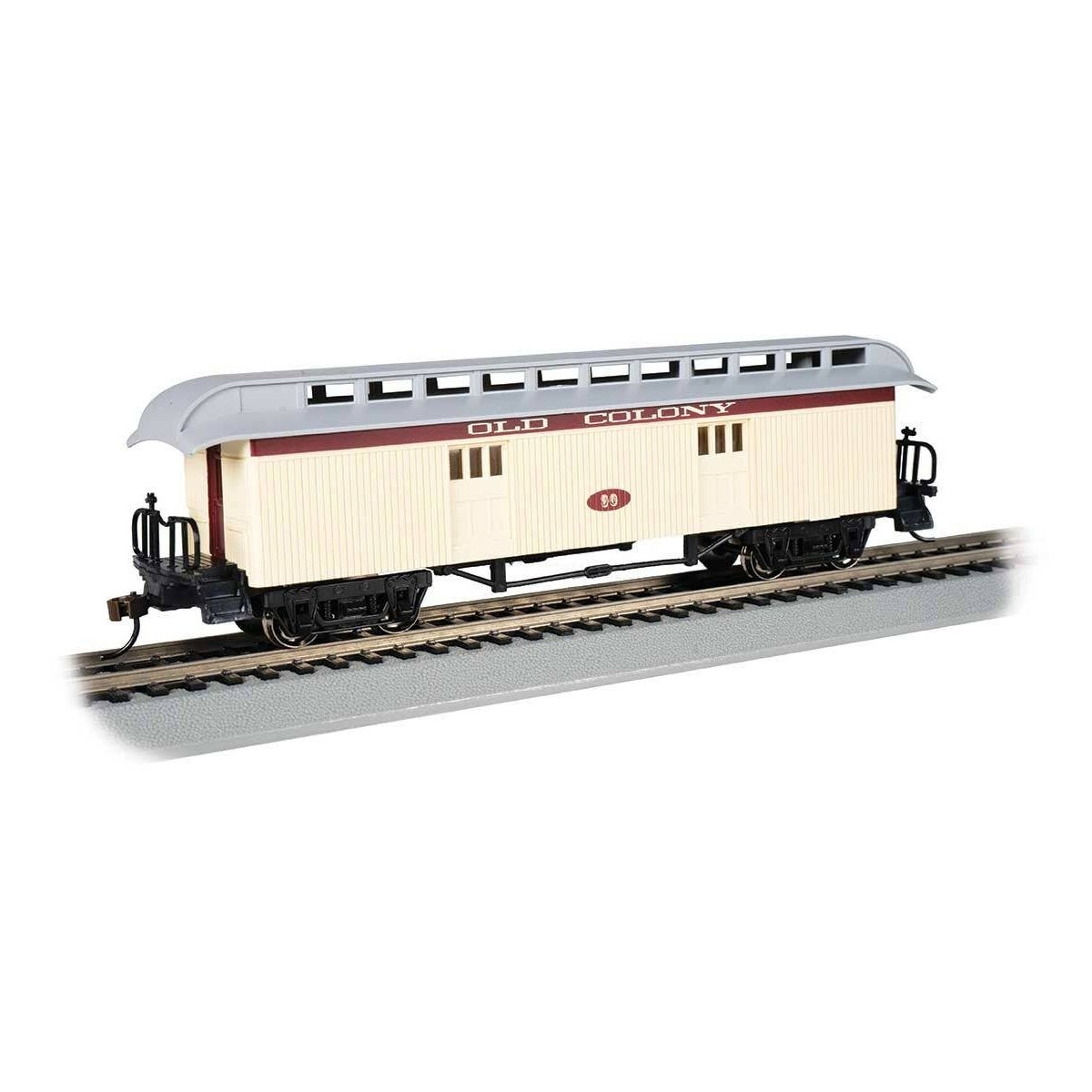 Old Time Wood Baggage with Round-End Clerestory Roof - Ready to Run -- Old Colony Railroad (yellow, red), HO, Bachmann Industrie