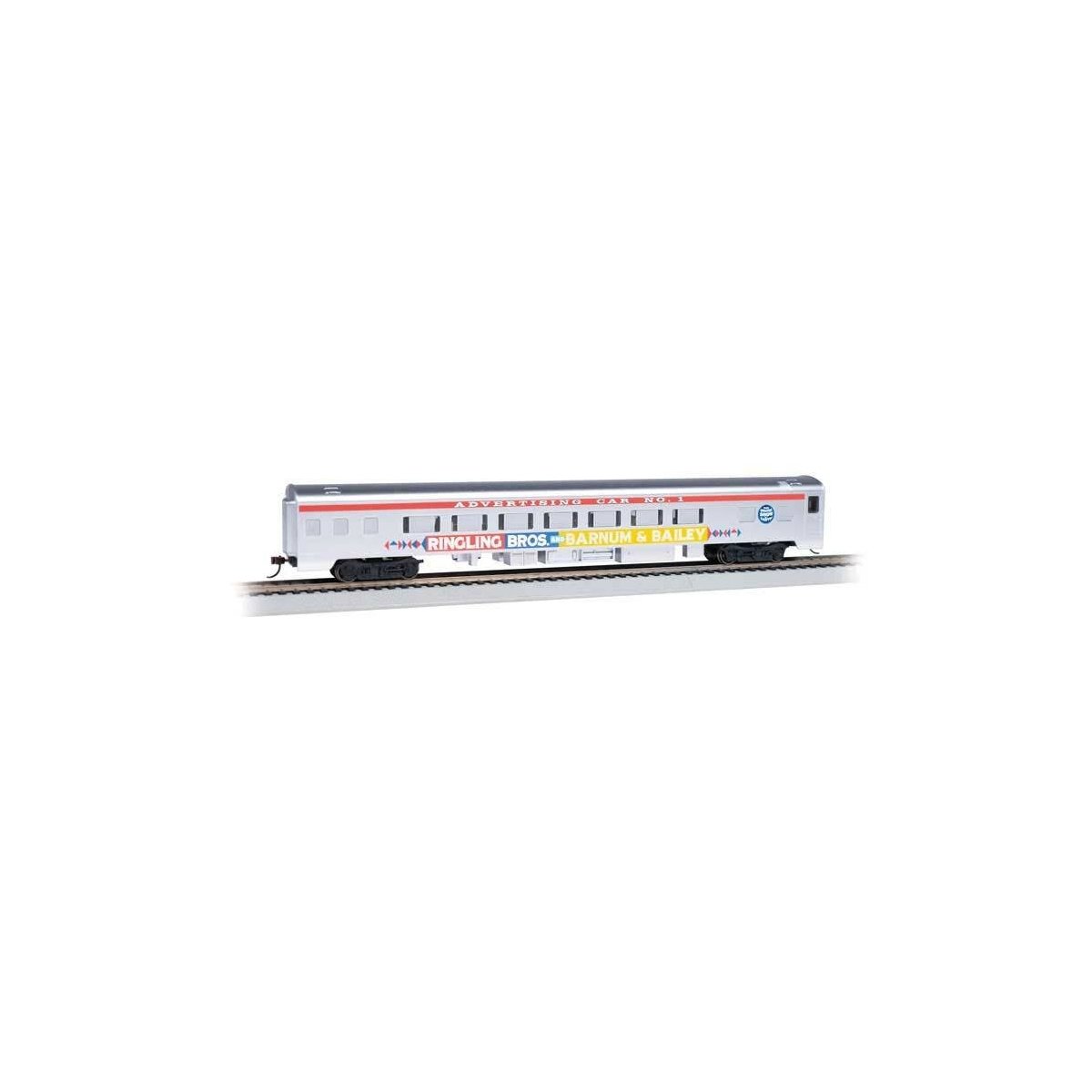 85′ Smooth-Side Coach w/Lights - Ready to Run -- Ringling Bros. and Barnum & Bailey 1 (Advertising Car, silver, red, yellow, H