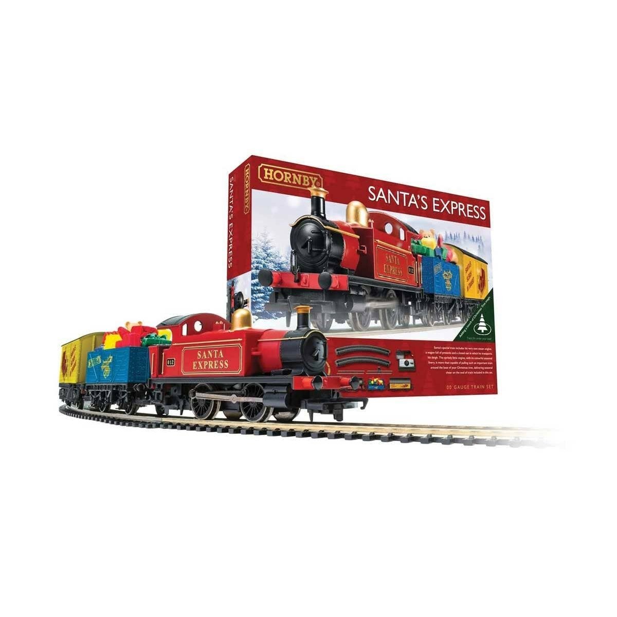 Santa′s Express Christmas Train Set - Standard DC -- 0-4-0T Locomotive, Gondola with Gifts, Boxcar with Sleigh Track, Power Pa