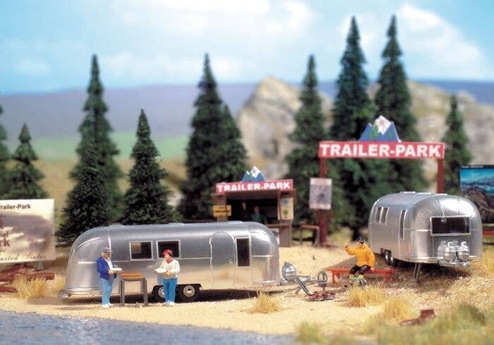 Camp Site with Two Trailers - Kit -- Two Camping Trailers, Signs & Accessories, HO, Walthers SceneMaster 2902