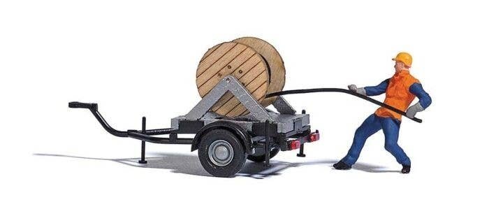 Cable Reel on Trailer with Figure Miniature Scene, HO, Busch Gmbh & Co Kg 7836
