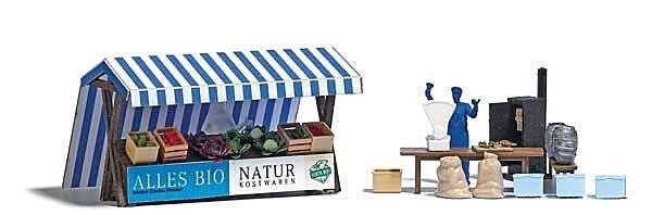 Two Outdoor Market Stalls - Laser-Cut Kit -- Organic Veg & Smoked Fish (German Signs), 2 Unpai, HO, Busch Gmbh & Co Kg 1823