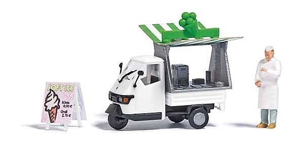 Soft-Serve Ice Cream Truck - Action Set -- Piaggio Ape Sales Truck, Canopy, Figure, Sign and T, HO, Busch Gmbh & Co Kg 7991