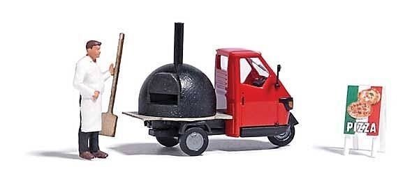 Piaggio Ape with Pizza Oven, Figure, Pizza Peel, Sign - Action Set, HO, Busch Gmbh & Co Kg 7992