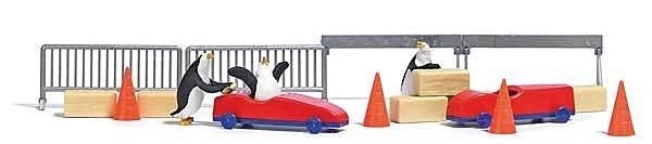 Penguin Soapbox Derby Race Complete Miniature Scene -- 3 Penguins, 2 SoapBoxcars, 4 Traffic Co, HO, Busch Gmbh & Co Kg 7924