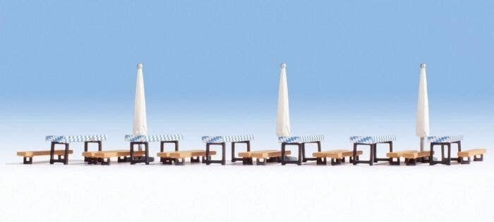 Beer Garden Accessories 1 -- 12 Benches, 6 Tables, 3 Umbrellas, HO, Noch Gmbh & Co 14817