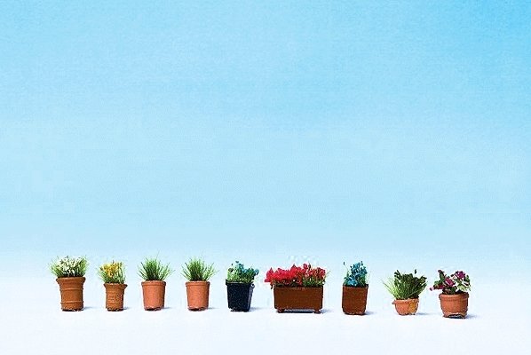 Flowers in Flower Pots -- Assorted Set 3 pkg(9), HO, Noch Gmbh & Co 14031