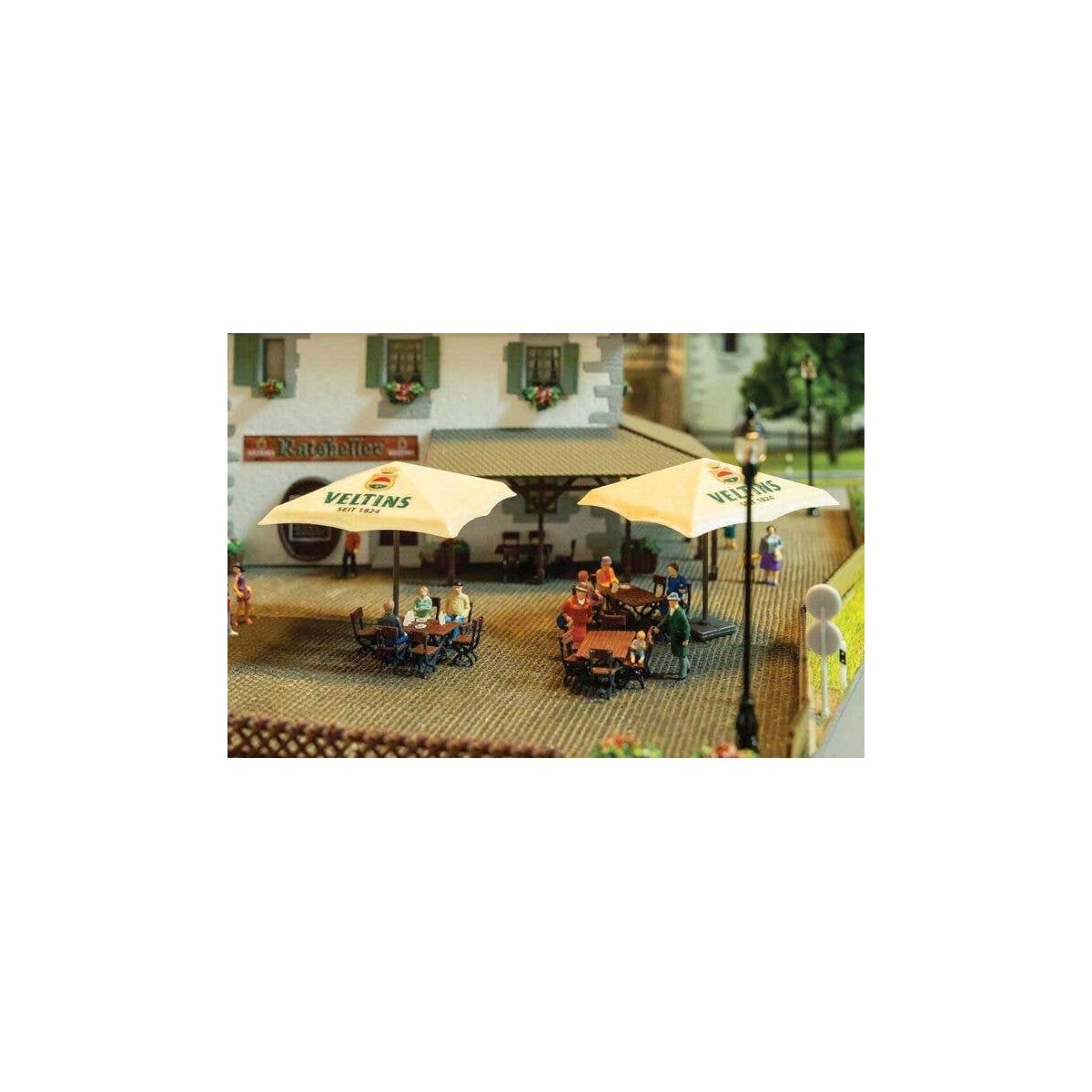 Beer Garden Set -- Veltins - 2 Umbrellas, 4 Tables, 24 Chairs, 4 Crates, 5 Barrels, HO, Faller Gmbh 180437