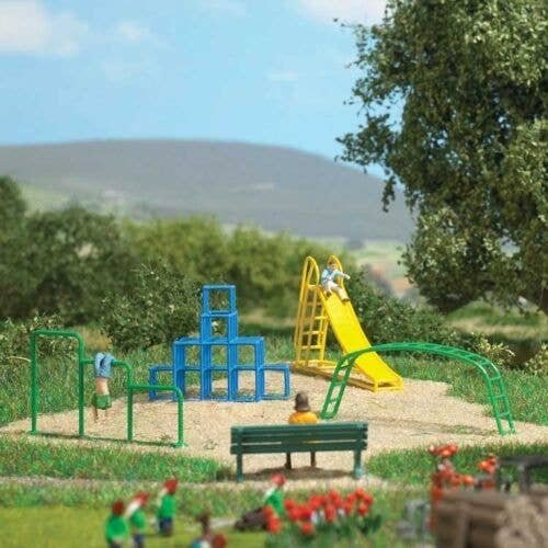 Playground - Action Set -- 2 Children, Tower, Arch, Slide, Horizontal Bar, HO, Busch Gmbh & Co Kg 79830