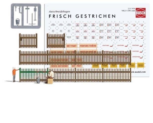Painting a Fence - Action Set -- 2 Figures, Paint Bucket, Tools, 45cm of Fencing, Printed Sign, HO, Busch Gmbh & Co Kg 7984