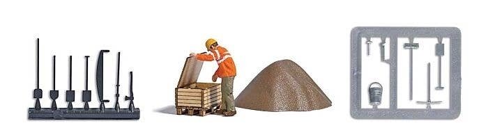 Era 5 Railway Worker - Action Set -- Figure, Ballast Pile, Wood Crate Kit, 2 Track Tool Sprues, HO, Busch Gmbh & Co Kg 7967