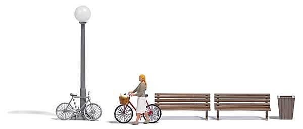 Shopping for Veggies - Action Set -- 2 Benches, Garbage Can, Figure, 2 Bicycles, Nonworking Pa, HO, Busch Gmbh & Co Kg 7997