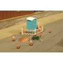 Building Site Details - SceneScapes(TM) -- Outhouse, Wheelbarrow, Barricade, Traffic Cones a, HO, Bachmann Industries 33114