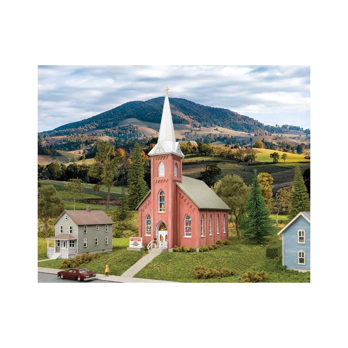 Brick Church -- Kit - 4-7/8 x 2-3/4 x 6-7/16′ 12.38 x 6.99 x 16.35cm, N, Walthers Cornerstone 3858