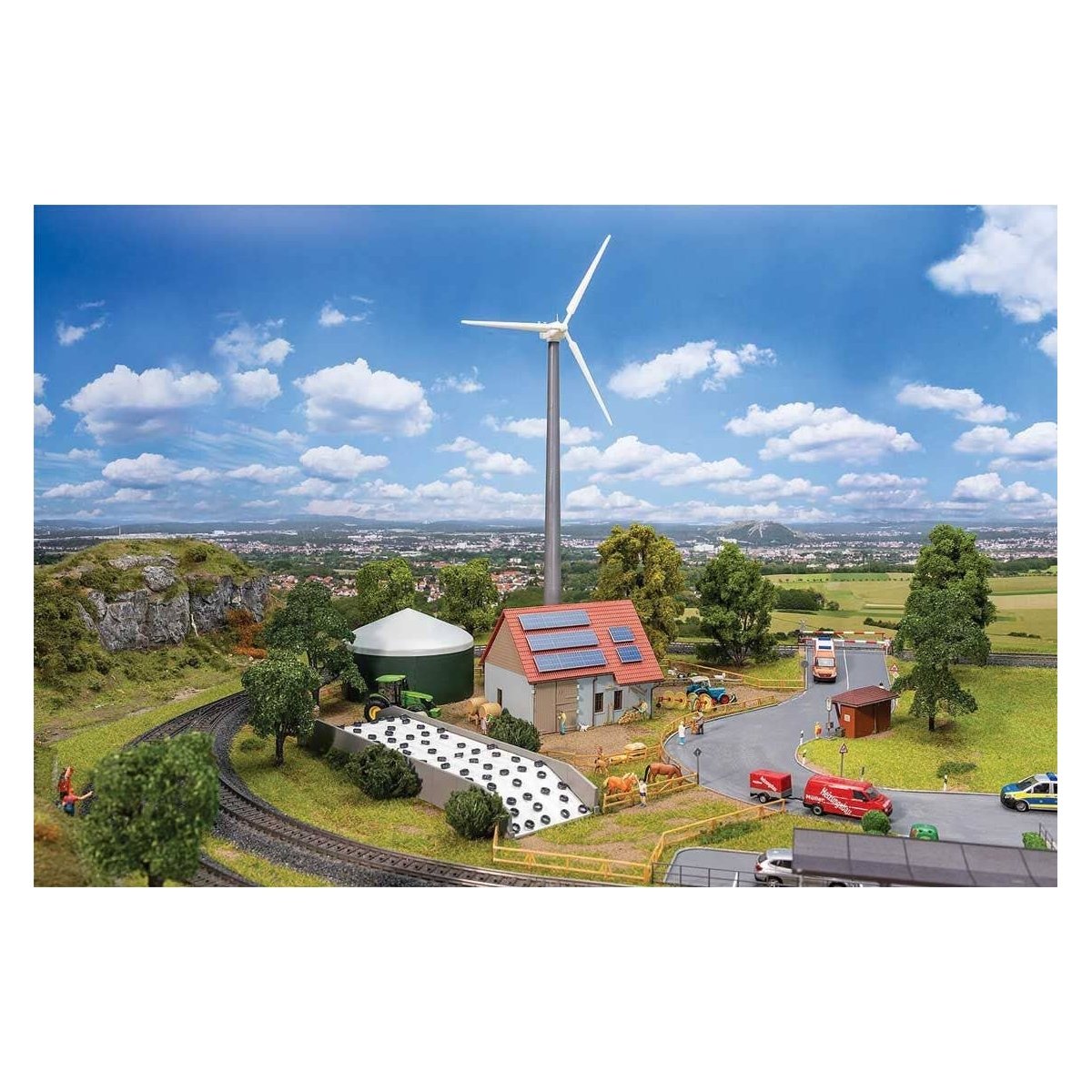 Sustainable Agriculture Set -- Kit - Wind Turbine, Shed with Solar Panels, Manure Pile, Silage Tank, Detail, HO, Faller Gmbh 190