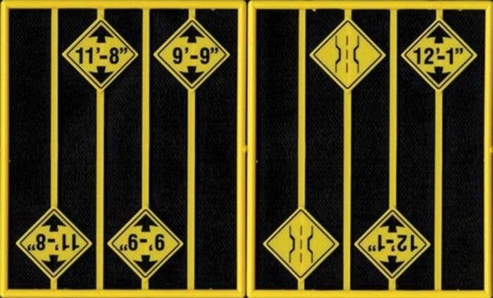 Bridge Clearance Warning Signs -- 8 Signs, 2 Each of 4 Styles, O, Tichy Train Group 2083