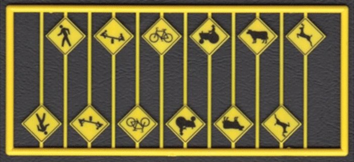Highway Picture Warning Signs -- Yellow w/Black Print 12 Pieces, 2 Each of 6 Warnings, HO, Tichy Train Group 8253