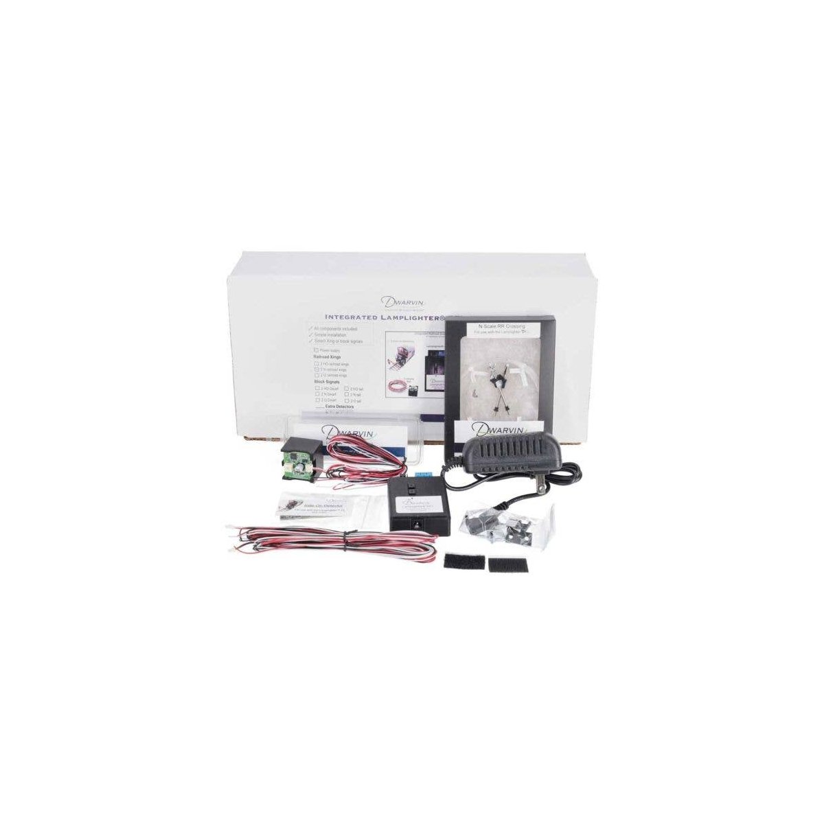 DVIRRXK201 Integrated Railroad Crossing Kit w/Power Supply -- Lamplighter DFL, 2 Crossing Signals, Bel, N, Dwarvin IRRXK201