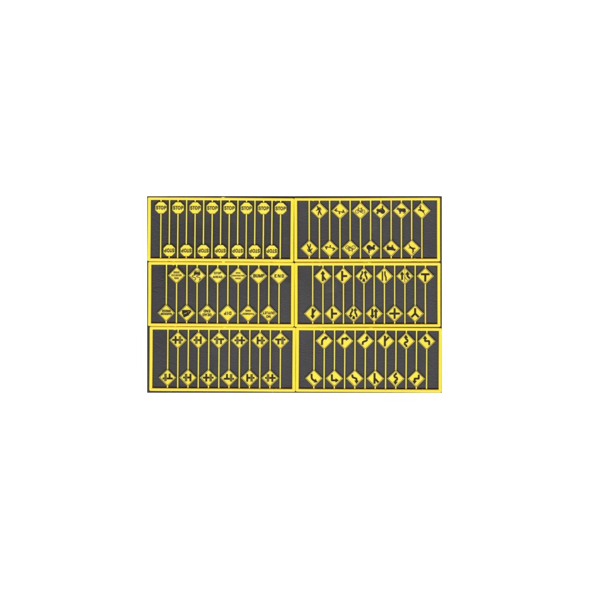 Early Road Sign Assortment -- 15 Yellow Stop Signs, 60 Warning Signs - 1 Each of Sets 293-8247,, HO, Tichy Train Group 8258