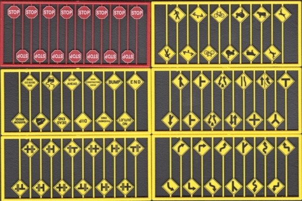 Modern Road Sign Assortment -- 15 Red Stop Signs, 60 Warning Signs - 1 Each of Sets 293-8247, 8, HO, Tichy Train Group 8257