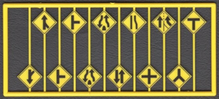 Highway Road Path (Arrow) Warning Signs -- Yellow w/Black Print 12 Different Signs, HO, Tichy Train Group 8255